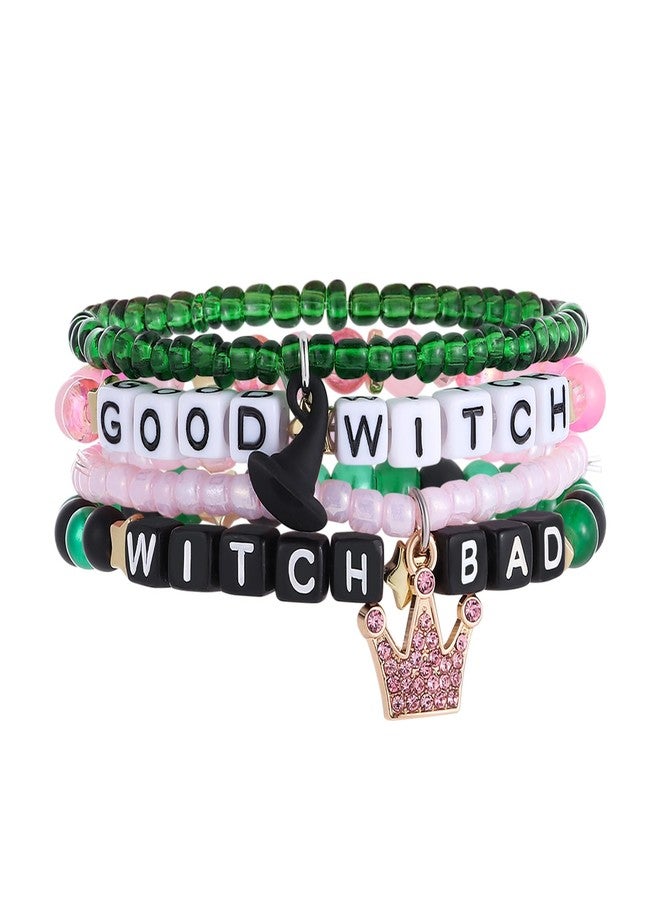 RANERVZ 4pcs Pink Green Good Bad Witch Stackable Beaded Bracelets Inspired Matching Friendship Bracelets for Fans Elphaba Glinda Witch BFF Bracelets Gift for Women Cosplay Costume Jewelry Accessories - Image 1